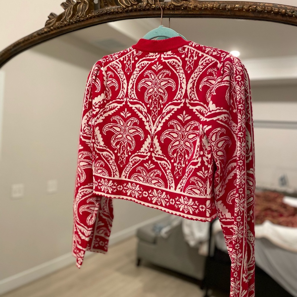 FARM Rio Red and White Patterned Cardigan NWT Size S